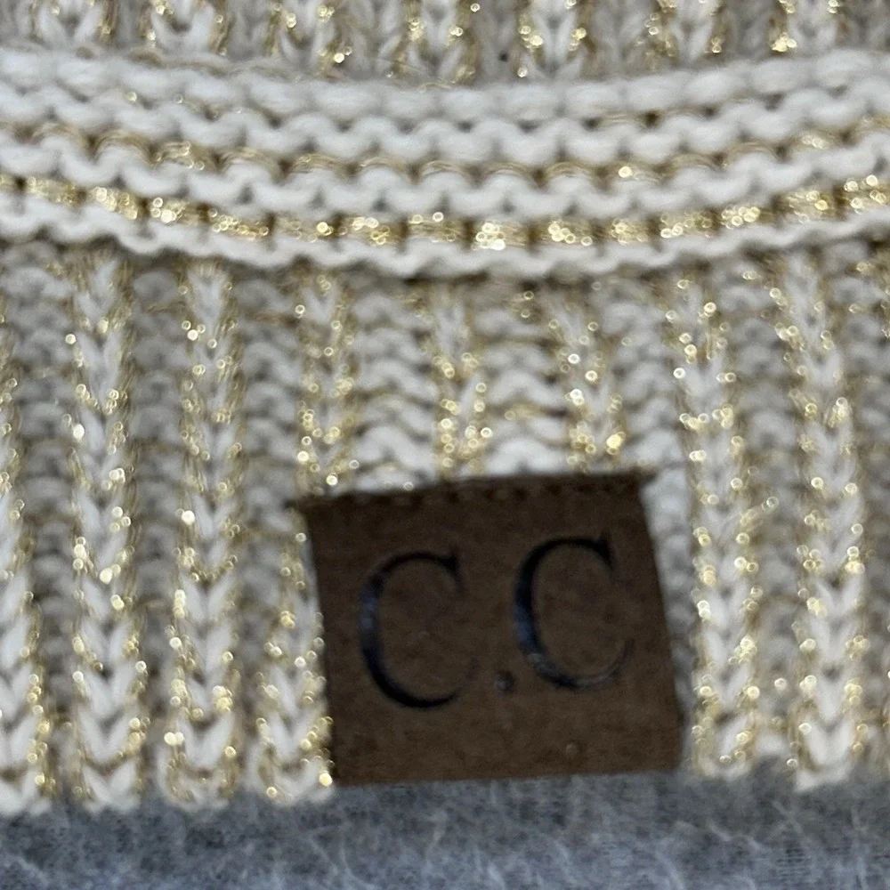 C.C Exclusives Knit Beanie Hat Cream Gold Metallic Acrylic One Size Women